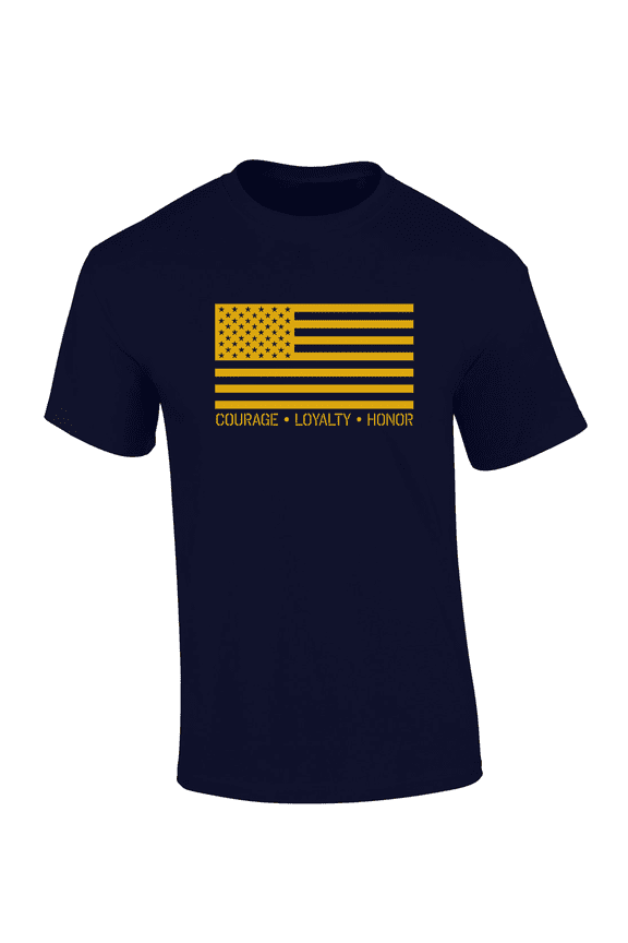 Metallic Gold Flag Courage, Loyalty, Honor Short Sleeve Mens Graphic T-Shirt-Navy-large