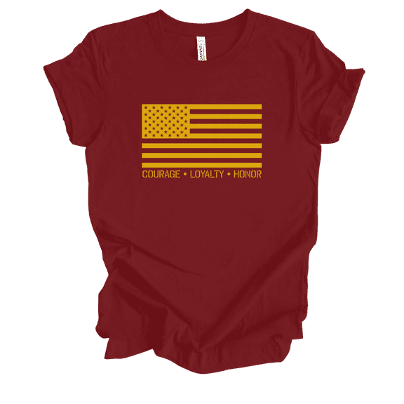 Trenz Shirt Company Metallic Gold Flag Courage, Loyalty, Honor Short Sleeve Womens Graphic T-Shirt-Cardinal-xxxl