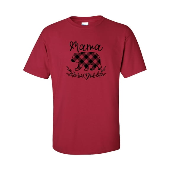 Trenz Shirt Company Mother's Day Women's Buffalo Gingham Plaid Mama Bear Unisex Fit Short Sleeve T-Shirt, Cardinal Red- Medium