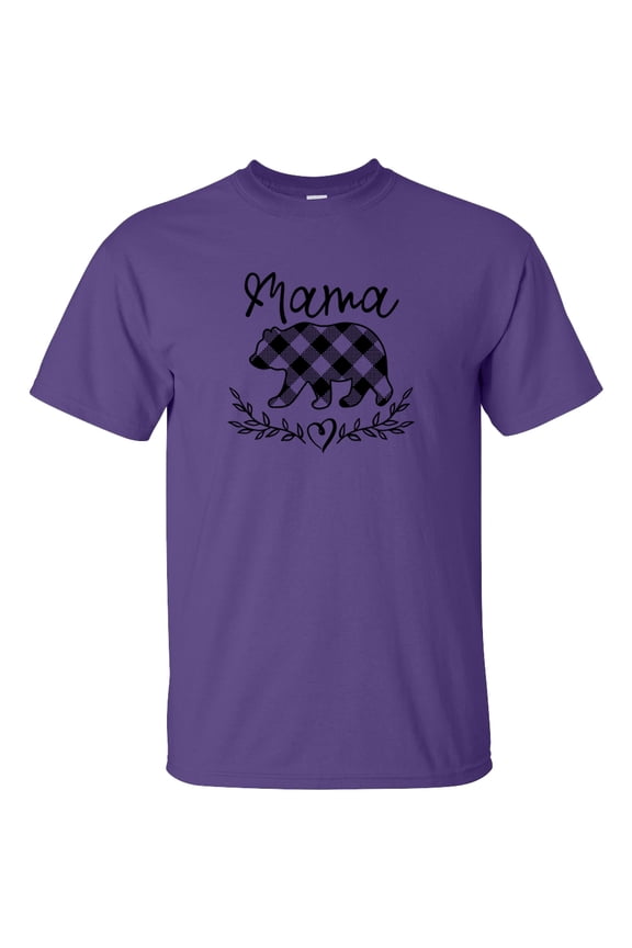 Mother's Day Women's Buffalo Gingham Plaid Mama Bear Unisex Fit Short Sleeve T-Shirt, Purple- Medium