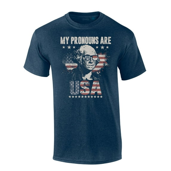 Trenz Shirt Company My Pronouns are USA George Washington Distressed Short Sleeve T-Shirt-Heather Navy-3XL