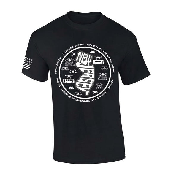 Trenz Shirt Company New Jersey Drone Tshirt Funny School Bus Drones I'm Fine We're Fine Everything's Fine Short Sleeve T-shirt-Black-large