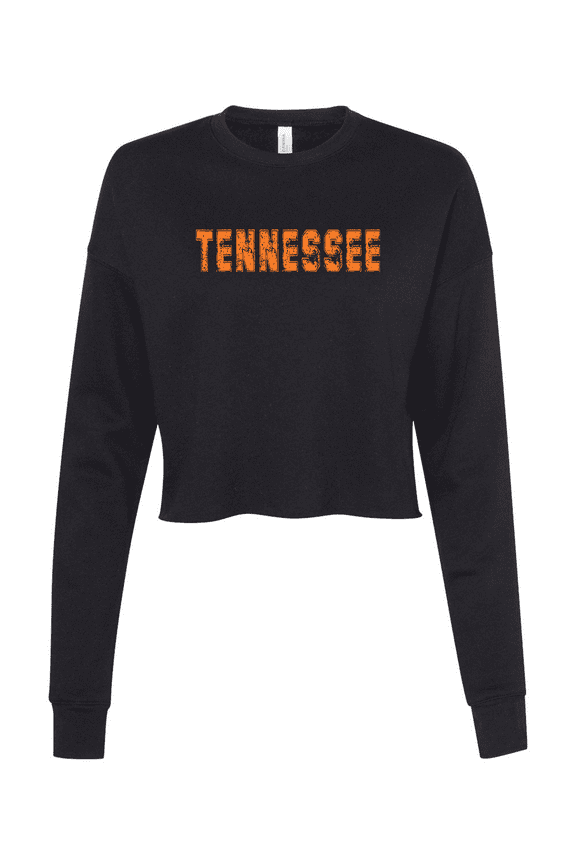 Orange Distressed Tennessee Football State Name Rocky Top Womens Crop Crew Fleece-Black-small