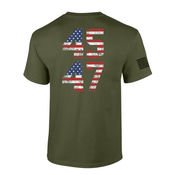 Trenz Shirt Company Patriot Pride Mens Presidential Trump 45-47 USA Flag Distressed Mens Short Sleeve T-Shirt-Military Green-3X-Large