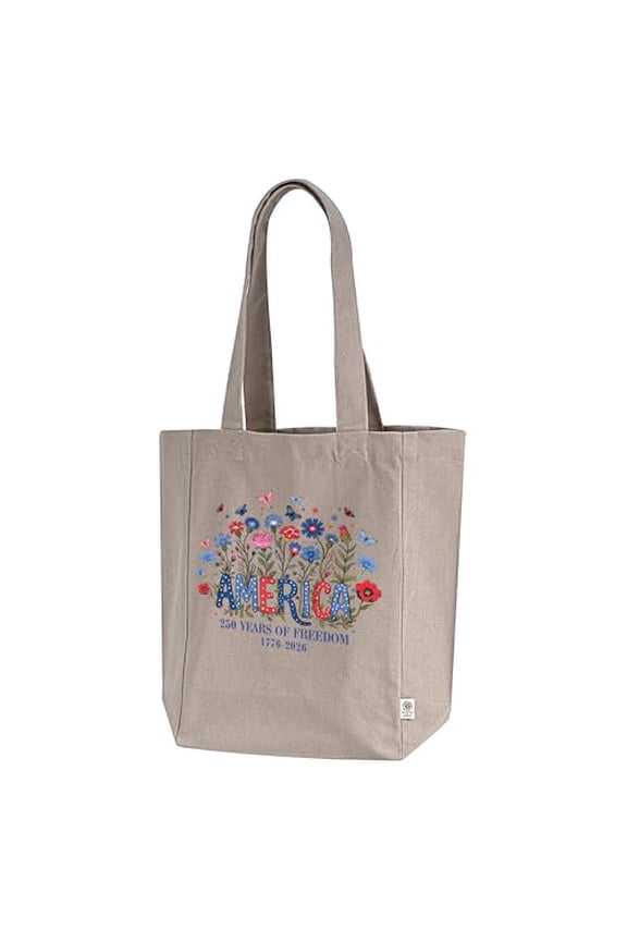 Patriot Pride Reckless Patriot Canvas Tote Bag – America 250 Years of Freedom 1776-2026 Floral Butterfly Design, Pumice, One Size