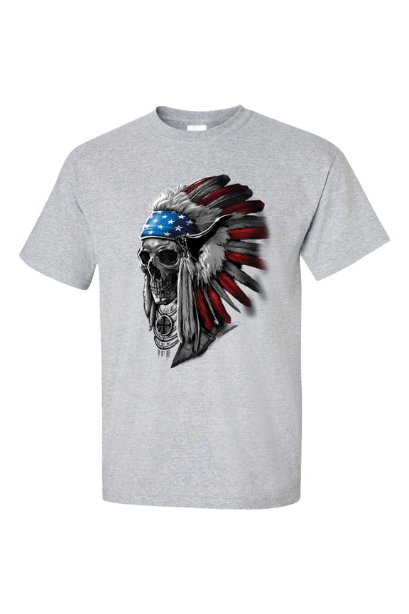Patriotic Chief Skull Unisex Short Sleeve T-shirt-Sports Grey-X-Large