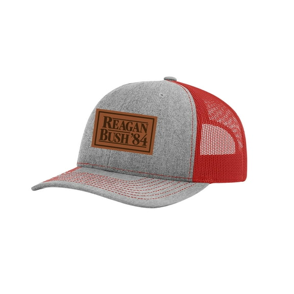 Trenz Shirt Company Political Reagan Bush '84 Embroidered Leather Patch Trucker Snapback Hat- Heather Grey/Red