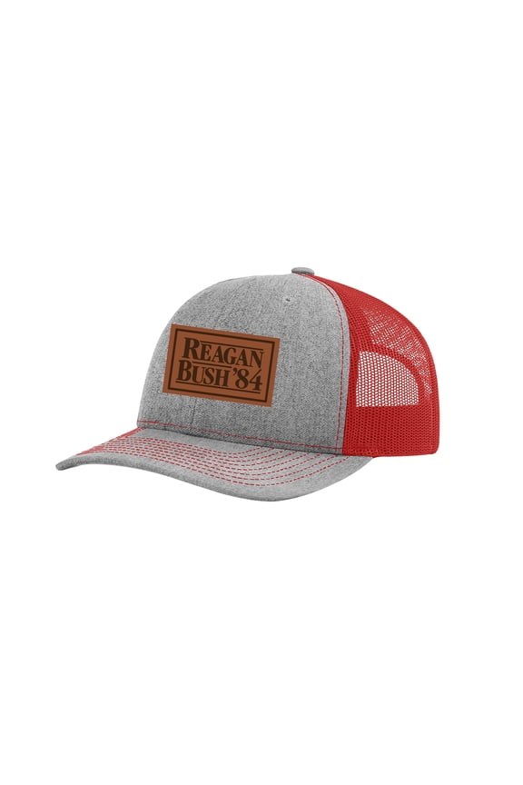 Political Reagan Bush '84 Embroidered Leather Patch Trucker Snapback Hat- Heather Grey/Red