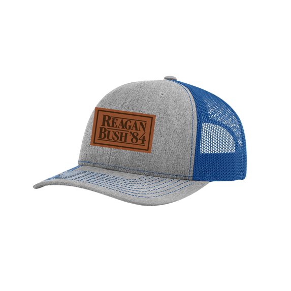 Trenz Shirt Company Political Reagan Bush '84 Embroidered Leather Patch Trucker Snapback Hat- Heather Grey/Royal