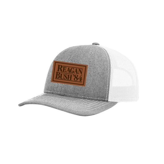 Trenz Shirt Company Political Reagan Bush '84 Embroidered Leather Patch Trucker Snapback Hat- Heather Grey/White