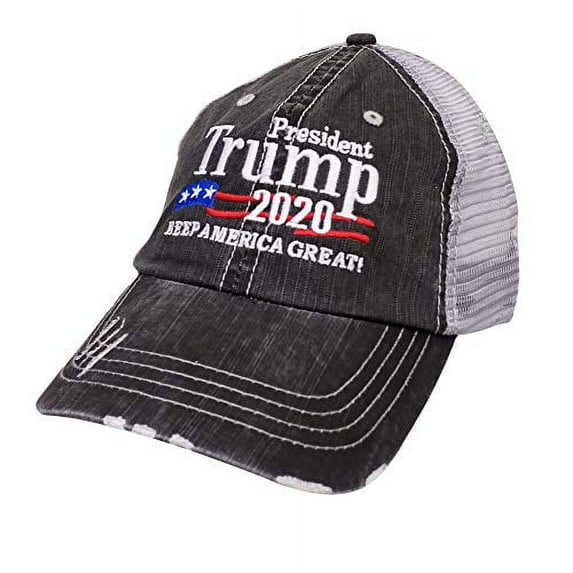 Trenz Shirt Company Political Trump 2020 Keep America Great Embroidered Distressed Trucker Hat-Gray