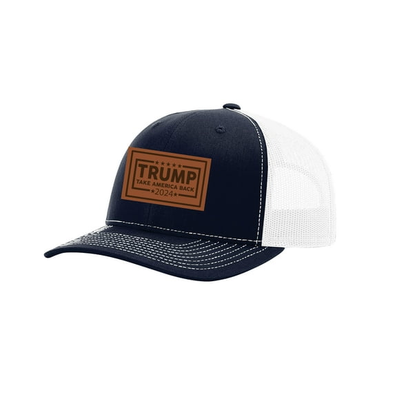 Trenz Shirt Company Political Trump Take America Back 2024 Embroidered Leather Patch Trucker Snapback Hat- Navy/White