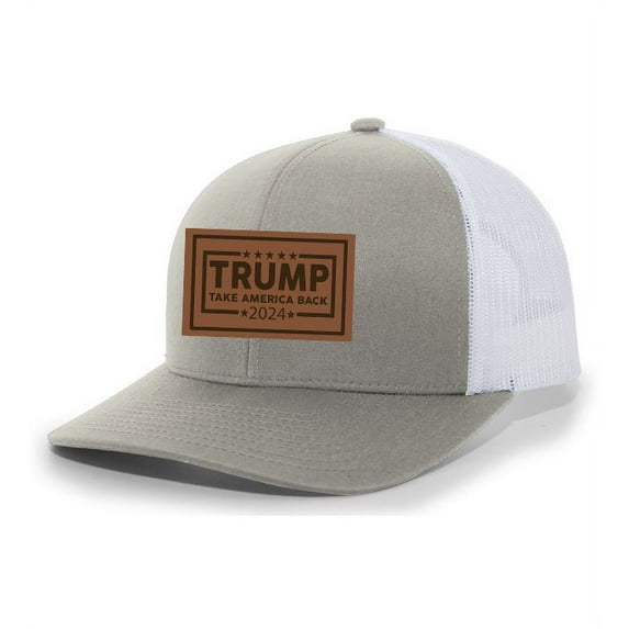Trenz Shirt Company Political Trump Take America Back 2024 Embroidered Leather Patch Trucker Snapback Hat- Silver/White