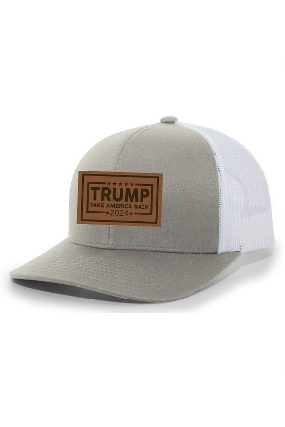 Political Trump Take America Back 2024 Embroidered Leather Patch Trucker Snapback Hat- Silver/White