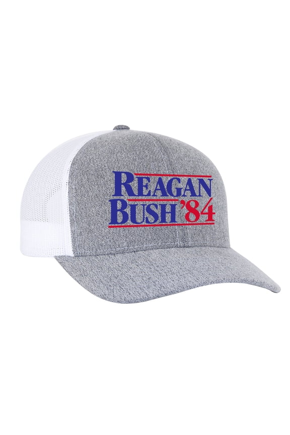 Reagan Bush 84 Campaign Adult Trucker Hat-Heather Grey/White-Blue Font
