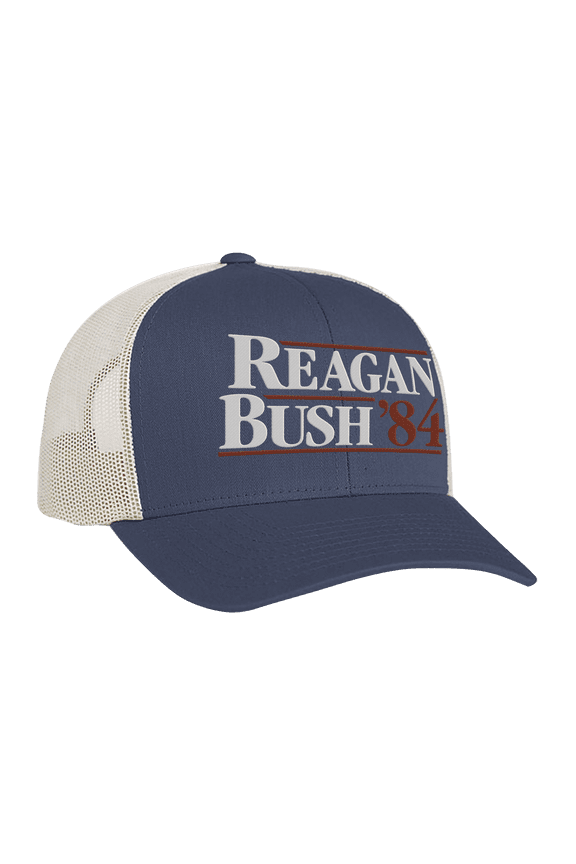 Reagan Bush 84 Campaign Adult Trucker Hat-Ocean Blue/Beige