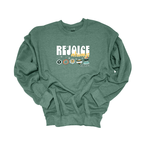 Trenz Shirt Company Rejoice Always Philippians 4:4 Festive Christmas Decorations Crewneck Sweatshirt-Heather Sport Dark Green-medium