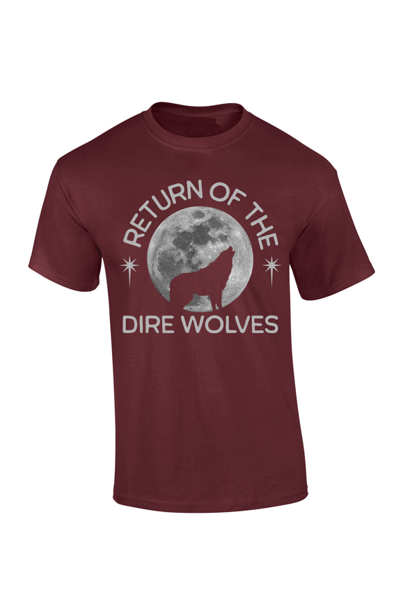 Return of the Dire Wolves Graphic T-Shirt – Wolf Howling at the Moon Design, Short Sleeve-Maroon-xxl