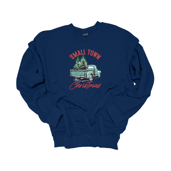 Trenz Shirt Company Small Town Christmas Pine Tree Loaded Truck Christmas Crewneck Sweatshirt-Navy-medium