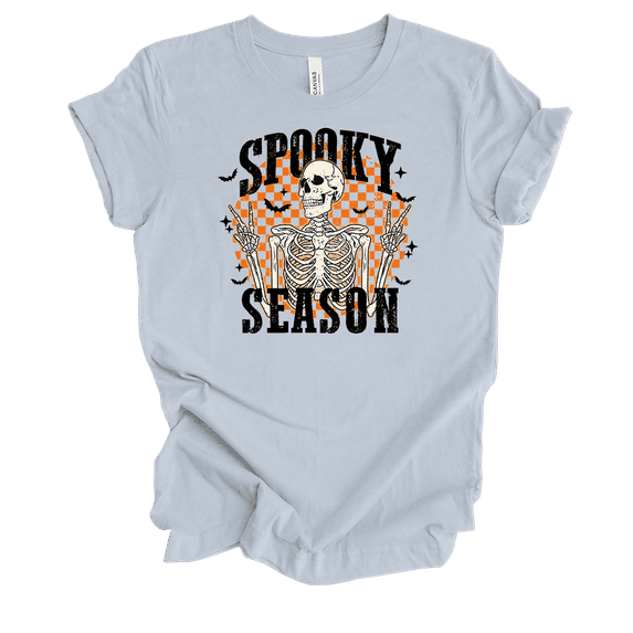 Trenz Shirt Company Spooky Season Checkered Skeleton Short Sleeve T-shirt-Light Blue-small