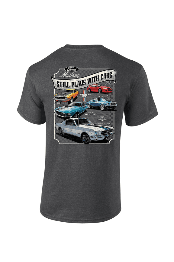 Still Plays With Cars Men’s Graphic T-Shirt - Mustang 1965-2000 Car Designs-Heather Grey-large
