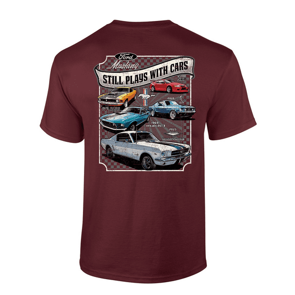 Trenz Shirt Company Still Plays With Cars Men’s Graphic T-Shirt - Mustang 1965-2000 Car Designs-Maroon-large