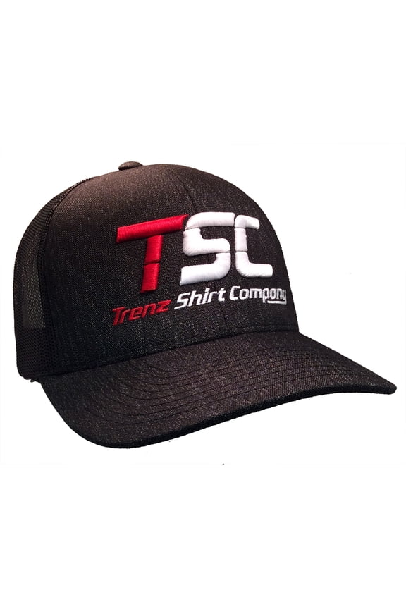 TSC Raised Embroidered Mesh Trucker Hat-Black Heather with Black Mesh