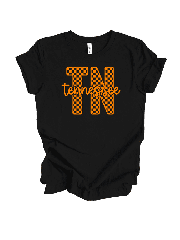 Tennessee Checkered Print TN Team Color Womens Short Sleeve T-shirt-Black-Medium