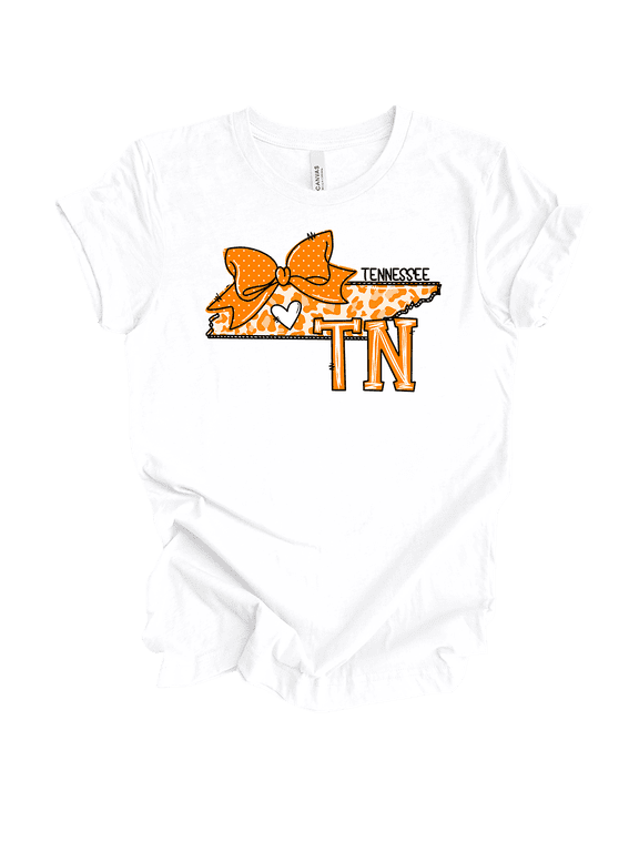 Tennessee Leopard Print Bow Womens Short Sleeve T-shirt-White-Medium