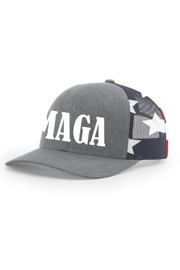 Trump Hat Bold MAGA Trump 2024 Mesh Back Embroidered Trucker Hat, Heather Grey/American Flag