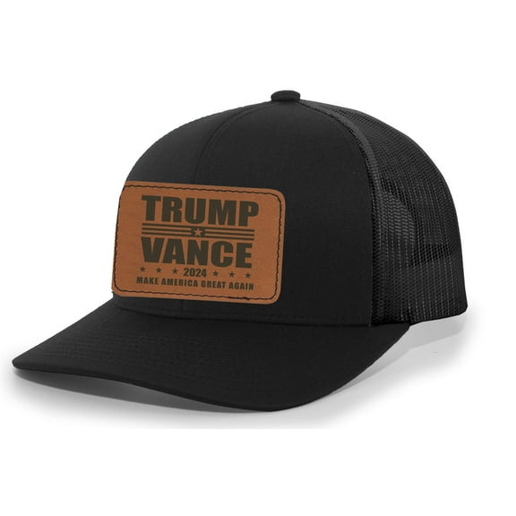 Trenz Shirt Company Trump Vance 2024 Make America Great Again Leather Patch Trucker Hat, Black/Black