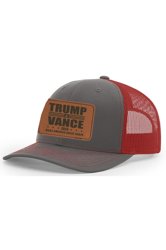 Trump Vance 2024 Make America Great Again Leather Patch Trucker Hat, Charcoal/Red