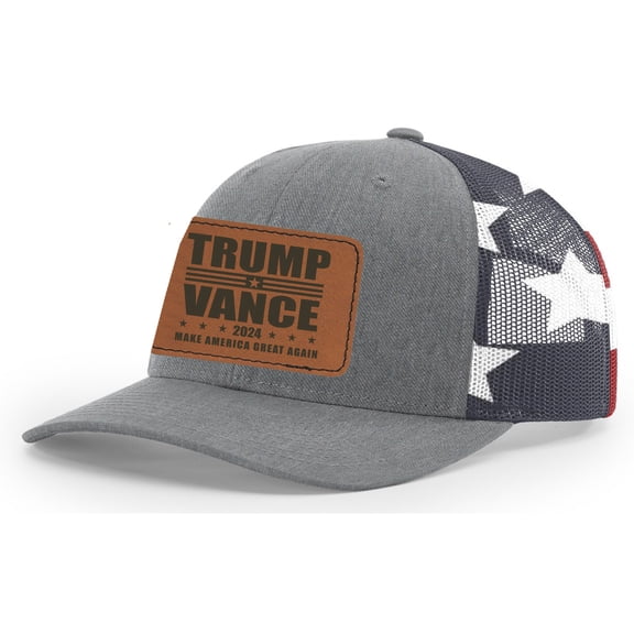 Trenz Shirt Company Trump Vance 2024 Make America Great Again Leather Patch Trucker Hat, Heather Grey/American Flag