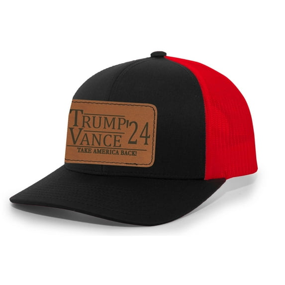 Trenz Shirt Company Trump Vance 2024 Take America Back Leather Patch Trucker Hat, Black/Red