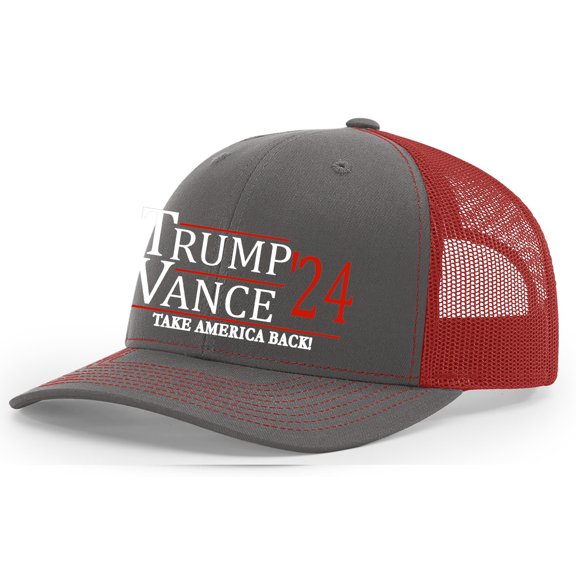 Trenz Shirt Company Trump Vance 2024 Take America Back Mesh Back Trucker Hat, Charcoal/Red