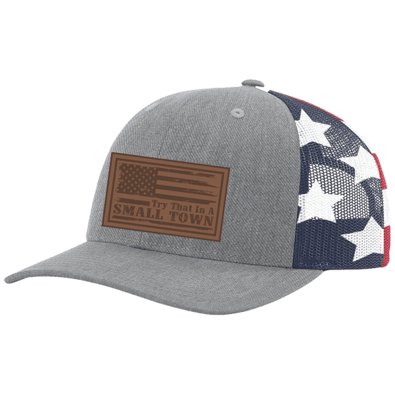 Trenz Shirt Company Try That In A Small Town Country Music Leather Patch Hat, Heather Grey/Flag