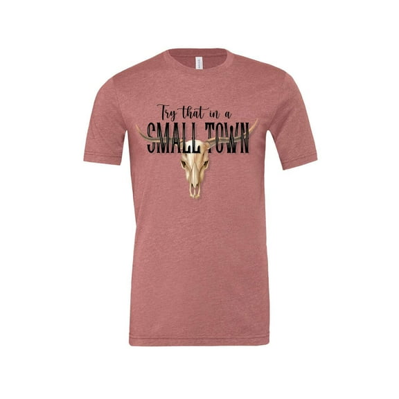 Trenz Shirt Company Try That In A Small Town Cow Skull Country Music Ladies Short Sleeve T-shirt Graphic Tee-Heather Muave-small