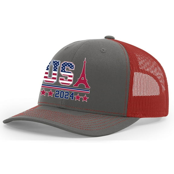 Trenz Shirt Company USA 2024 Eiffel Tower Patriotic Embroidered Trucker Hat, Charcoal/Red