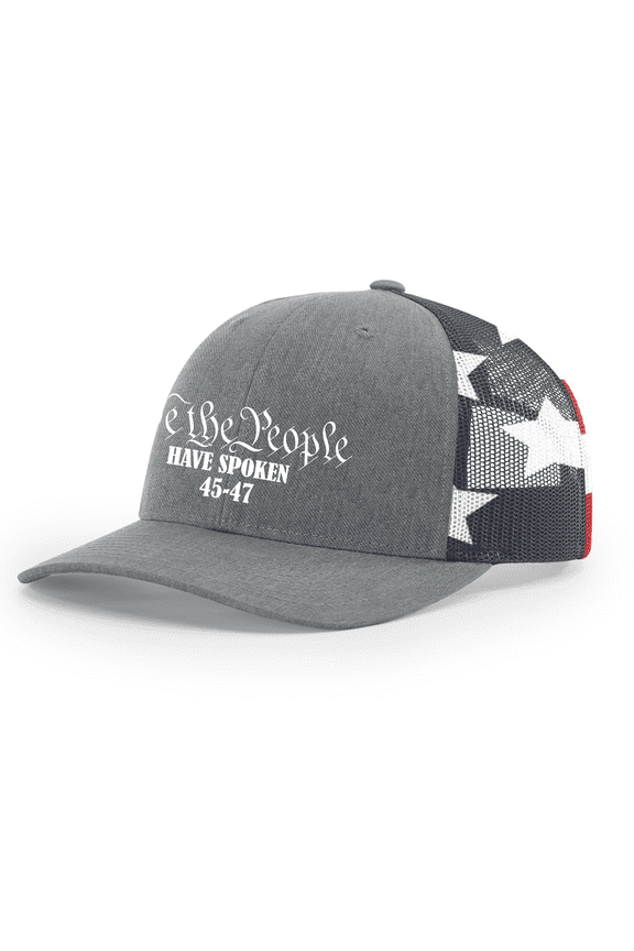 We The People Have Spoken 45-47 Embroidered Mesh Back Trucker Hat, Heather Grey/American Flag
