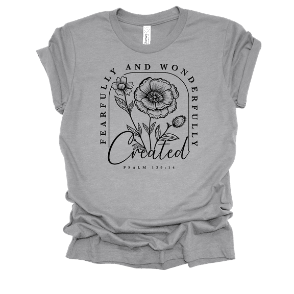 Trenz Shirt Company Women Fearfully Wonderfully Made Floral Short Sleeve T-Shirt-Athletic Grey-Large
