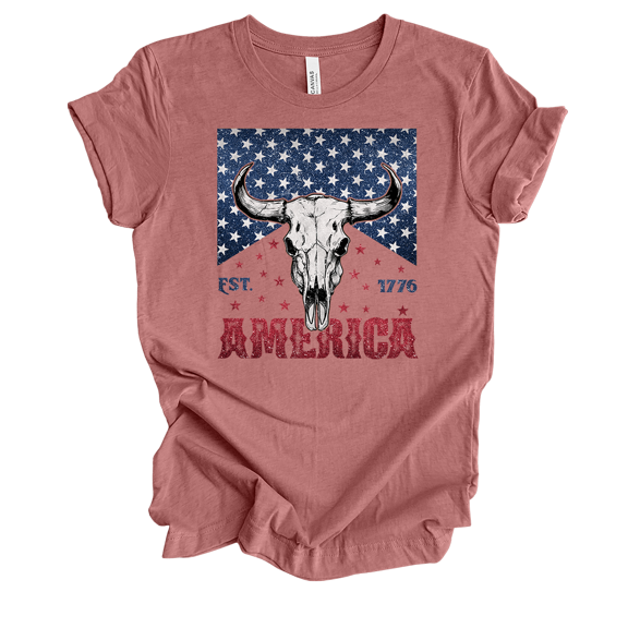 Trenz Shirt Company Women's 1776 USA Bull Skull Cigar Pack Short Sleeve T-Shirt-Heather Mauve-Large
