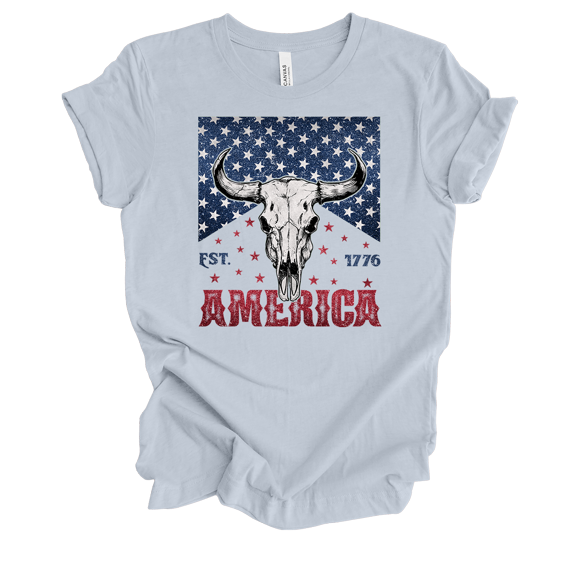 Trenz Shirt Company Women's 1776 USA Bull Skull Cigar Pack Short Sleeve T-Shirt-Light Blue-Small