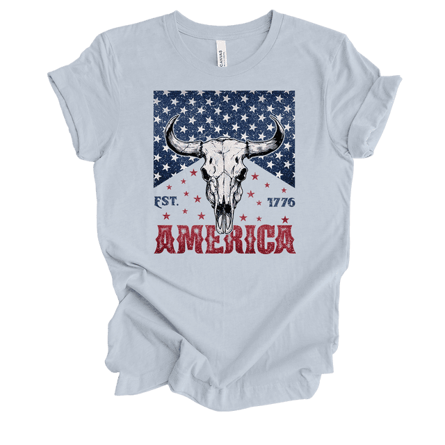 Trenz Shirt Company Women's 1776 USA Bull Skull Cigar Pack Short Sleeve T-Shirt-Light Blue-Small