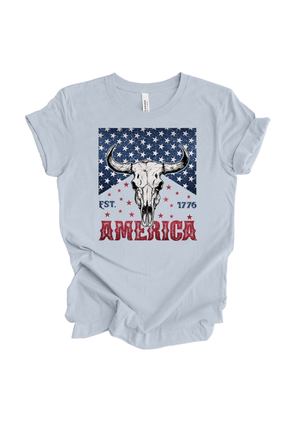 Women's 1776 USA Bull Skull Cigar Pack Short Sleeve T-Shirt-Light Blue-X-Large