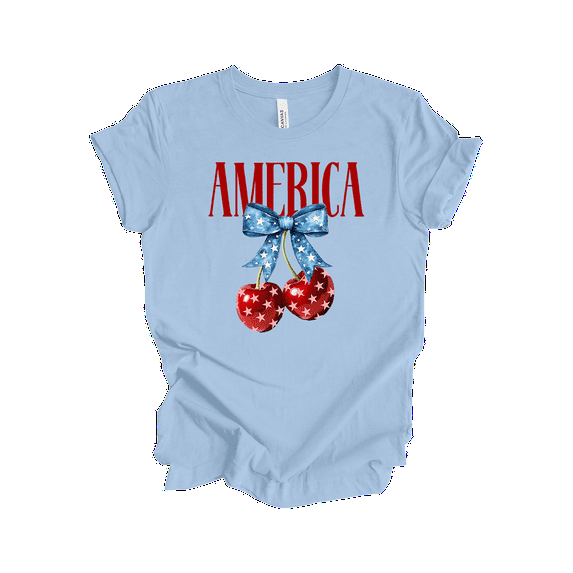 Trenz Shirt Company Women's American Cherries With Bow Short Sleeve T-Shirt - 4th of July Shirts for American Women-Baby Blue-4X-Large