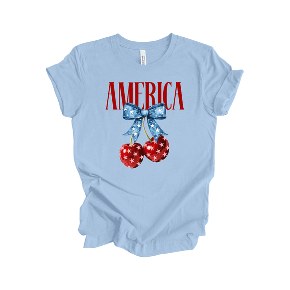 Trenz Shirt Company Women's American Cherries With Bow Short Sleeve T-Shirt - 4th of July Shirts for American Women-Baby Blue-Medium
