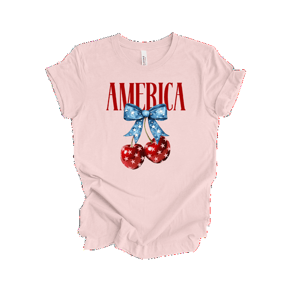 Trenz Shirt Company Women's American Cherries With Bow Short Sleeve T-Shirt - 4th of July Shirts for American Women-Soft Pink-3X-Large