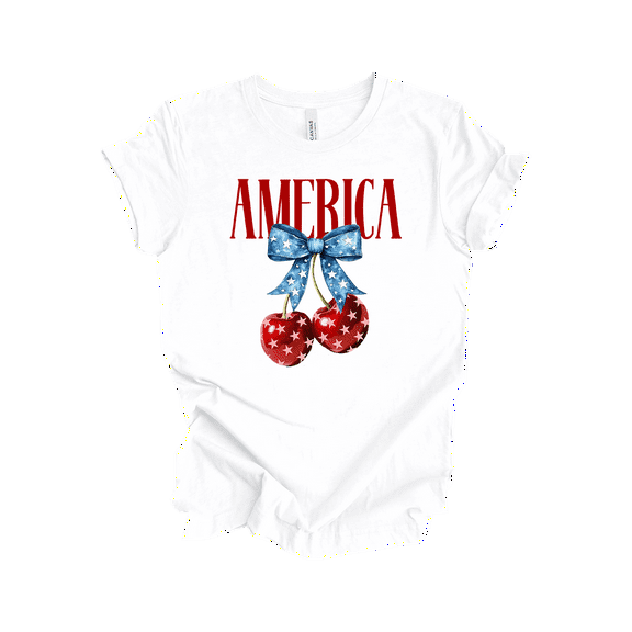 Trenz Shirt Company Women's American Cherries With Bow Short Sleeve T-Shirt - 4th of July Shirts for American Women-White-XX-Large