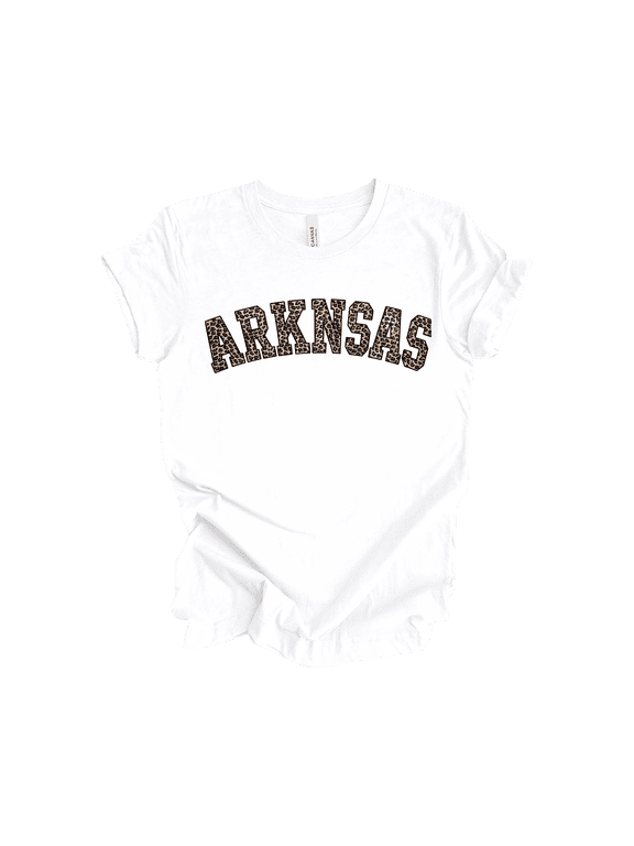 Women's Arkansas Football Leopard Print Short Sleeve T-Shirt Graphic Tee-White-X-Large