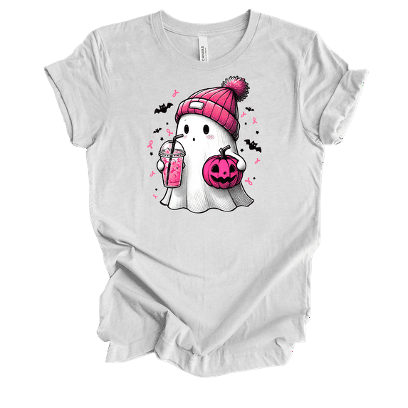 Trenz Shirt Company Women's Breast Cancer Cute Ghost Pumpkin Coffee Short Sleeve T-Shirt-Ash-3X-Large